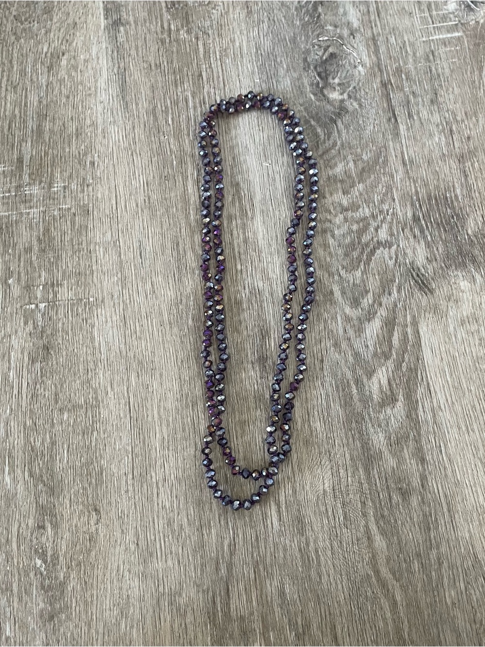 Purple & Gunmetal Beaded Necklace Long Double Strand Faceted Crystal Style